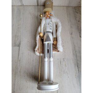Nutcracker large wooden white staff guard Xmas home decor gold trim‎